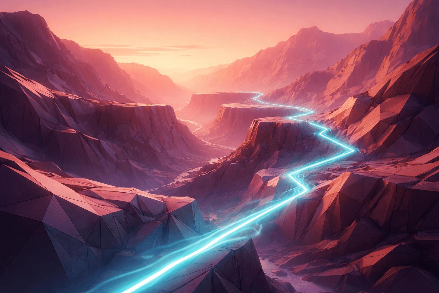 A glowing path winding through a mountain valley